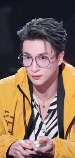 Stylish man wearing yellow jacket and glasses.