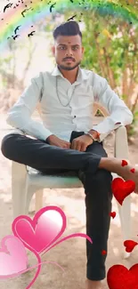 Man sitting on a chair with artistic heart and rainbow decorations.