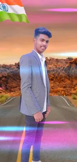 Man in blazer standing on desert road with flag.