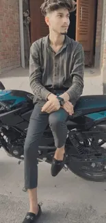 Stylish man sitting on a motorbike in an urban setting.