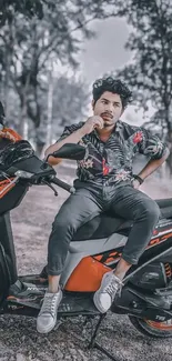 Man sitting on a trendy motorbike with an outdoor backdrop.