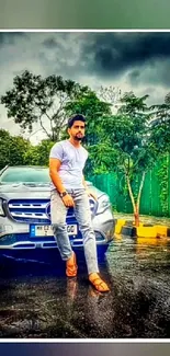 Man standing by car on rainy street.