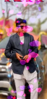 Man posing in front of a decorated car with flags, stylish and colorful setting.