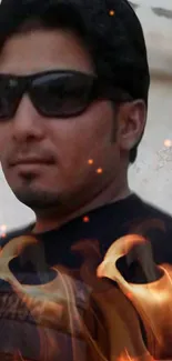 Man with sunglasses and flames, dynamic mobile wallpaper.