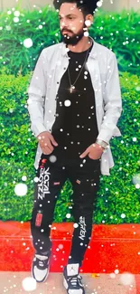 Man in stylish attire with green background and snow effect.