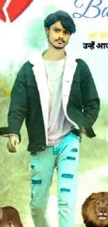 Young man walking with lions in nature.