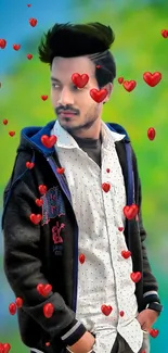 Stylish man with red hearts on a vibrant background.