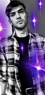 Artwork of a stylish man in plaid with starry purple highlights.