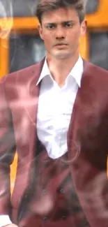 Person in maroon suit with yellow background.