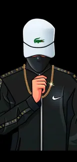 Stylish masked figure in black jacket and white cap wallpaper.