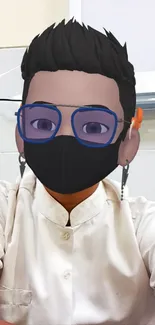 Cartoon character with glasses and mask in a white shirt.