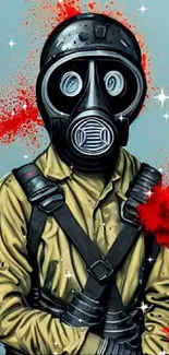 Artistic character with gas mask and red splashes mobile wallpaper.