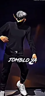 Masked dancer in black outfit with text 'JOMBLO YA' on dark background.