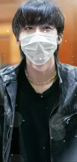 Person in black leather jacket and mask with soft brown background.