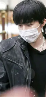 Person in a black leather jacket with a mask, urban fashion vibe.