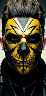 Masked man with gold and black mask, wearing a leather jacket.