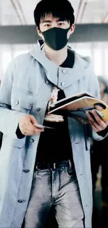 Chic urban traveler in denim and mask holding books.