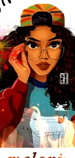 Cartoon girl with curly hair and glasses, vibrant fashion art.