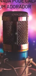 Vibrant microphone with dynamic purple and orange background.