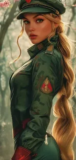 Woman in green military attire standing in a forest for a phone wallpaper.