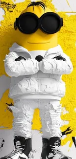 Trendy Minion wears stylish white outfit with a yellow background.