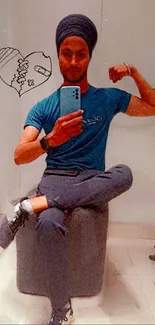 Man in blue shirt taking a mirror selfie in a modern room.