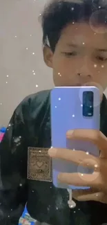 Stylish mirror selfie with smartphone and light effects.