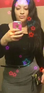 Stylish woman taking a mirror selfie in a bathroom, on a mobile wallpaper.