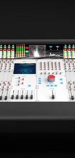 Audio mixing console with colorful controls and digital screens.