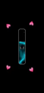 Futuristic mobile wallpaper with pink heart accents on black background.