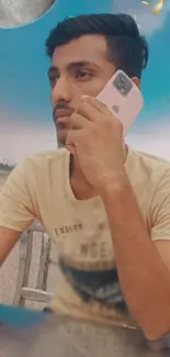 Man holding pink phone with stylish background.