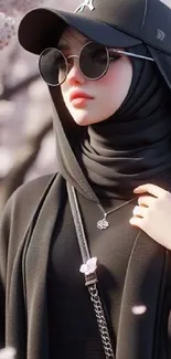 Stylish young woman in hijab with cherry blossoms