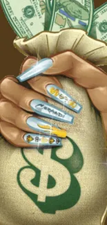 Hand holding money bag with decorated nails wallpaper.