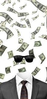 Invisible man in suit with raining dollars.