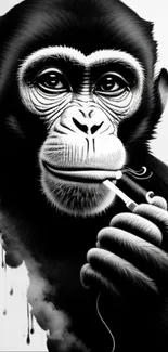 Monochrome digital monkey smoking a pipe in stylish art.