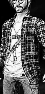 Monochrome gamer character with plaid shirt and glasses.