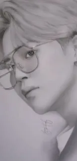 Monochrome sketch of a person with glasses in grayscale.