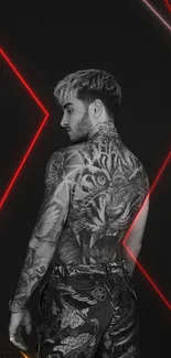 Monochrome wallpaper featuring detailed back tattoos in artistic design.