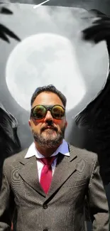 Man in suit with wings against moonlit background.