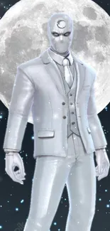 Moonlit warrior in silver suit beneath a glowing full moon.