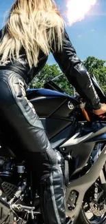 Biker on a motorcycle in leather gear, ready for adventure.