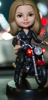A doll on a motorcycle with a cityscape background.
