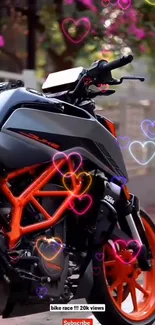 Motorcycle with vibrant heart overlays on a city street.