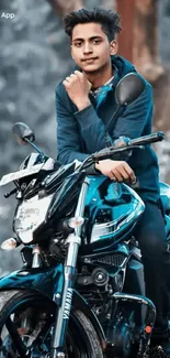 A young man posing on a stylish motorcycle.