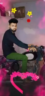 Man riding motorcycle with vibrant pink floral effects.