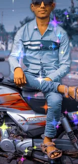 Stylish person posing on motorcycle with vibrant sparkles.