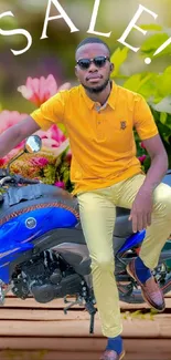 Man sitting on motorcycle with sale sign in vibrant colors.