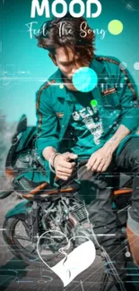 Stylish rider with motorcycle, teal theme.