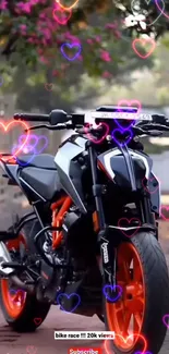 Sleek motorcycle with a black and orange design surrounded by heart effects.