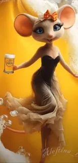 Stylish cartoon mouse holding beer in bubbly scene.